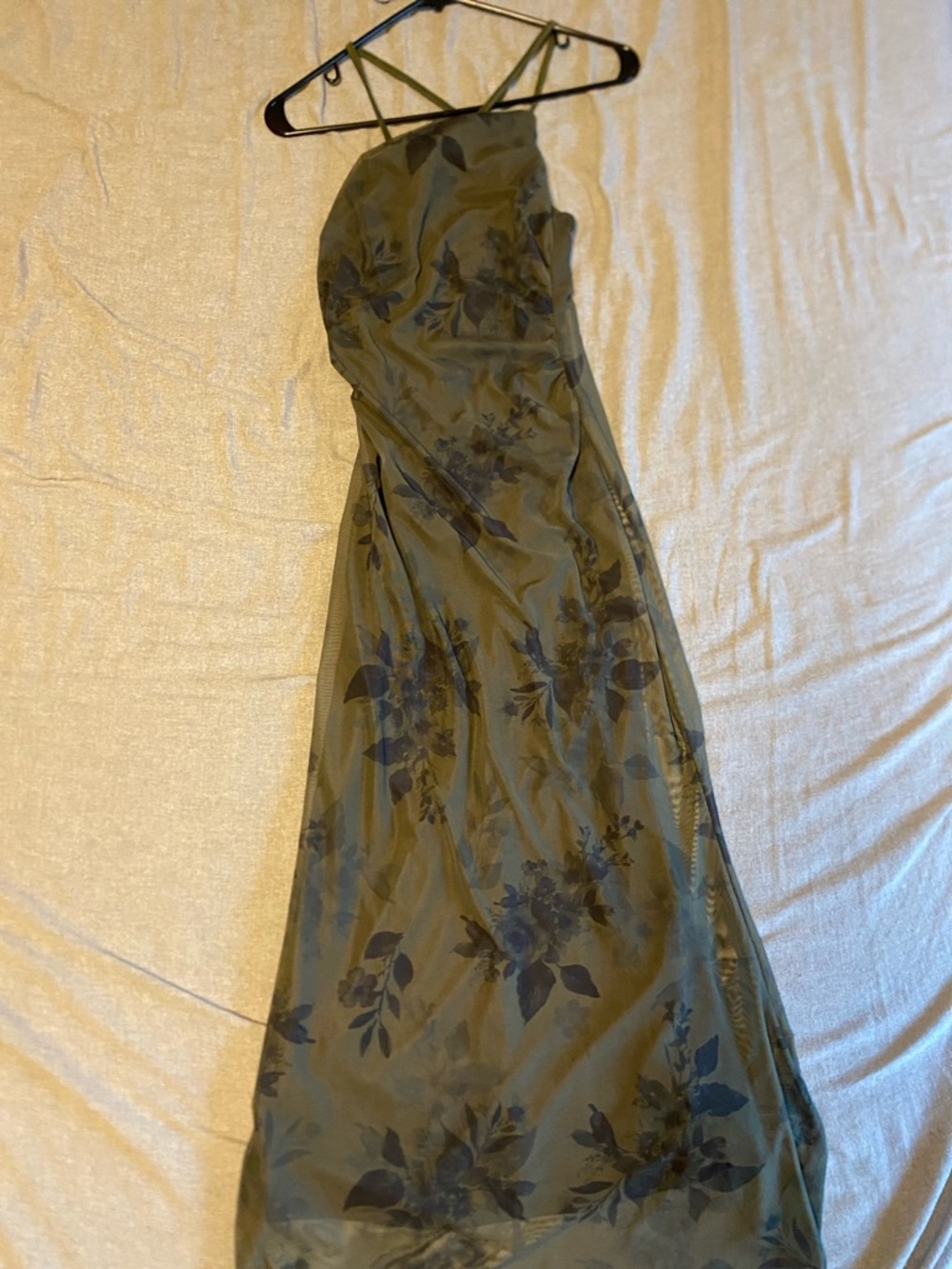 ROMWE Olive Green Floral Maxi Dress with Crisscross Straps